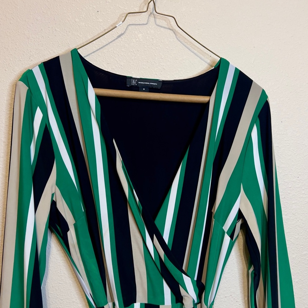 INC International Concepts Elegant Striped Black, Green, Taupe, White Wrap Dress - Picture 3 of 6